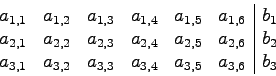 \begin{displaymath}
\begin{array}{llllll\vert l}
a_{1,1}&a_{1,2}&a_{1,3}&a_{1,4}...
...a_{3,1}&a_{3,2}&a_{3,3}&a_{3,4}&a_{3,5}&a_{3,6}&b_3
\end{array}\end{displaymath}