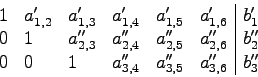\begin{displaymath}
\begin{array}{llllll\vert l}
1 &a'_{1,2}&a'_{1,3}&a'_{1,4}&a...
...''_2\\
0 &0 &1&a''_{3,4}&a''_{3,5}&a''_{3,6}&b''_3
\end{array}\end{displaymath}