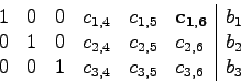 \begin{displaymath}
\begin{array}{llllll\vert l}
1 &0 &0 &c_{1,4}&c_{1,5}&\mathb...
...c_{2,6}&b_2\\
0 &0 &1 &c_{3,4}&c_{3,5}&c_{3,6}&b_3
\end{array}\end{displaymath}