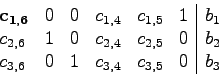 \begin{displaymath}
\begin{array}{llllll\vert l}
\mathbf{c_{1,6}}&0 &0 &c_{1,4}&...
...,5}&0 &b_2\\
c_{3,6} &0 &1 &c_{3,4}&c_{3,5}&0 &b_3
\end{array}\end{displaymath}