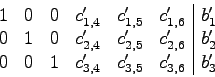 \begin{displaymath}
\begin{array}{llllll\vert l}
1 &0 &0 &c'_{1,4}&c'_{1,5}&c'_{...
...6}&b'_2\\
0 &0 &1 &c'_{3,4}&c'_{3,5}&c'_{3,6}&b'_3
\end{array}\end{displaymath}